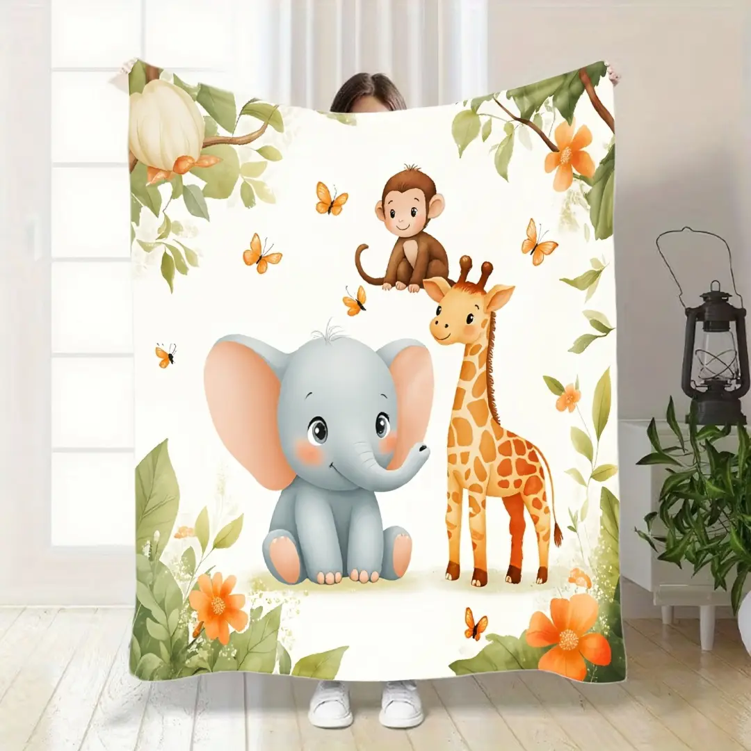 1pc Safari Animal Print Flannel Blanket - Soft Bedspread with Elephants, Monkeys, Giraffes, Whimsical Jungle Theme for Home Room Decor, House Decor, Christmas Throw, Whimsical Home Decor