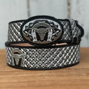 Black and Silver “Toro de Suerte” Western-Style Belt Made with Genuine Leather and Metallic Thread Embroidery
