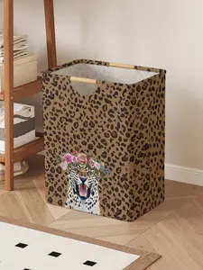 Leopard Print Open Storage Basket with Handles, Foldable Laundry Basket for Home Use, Collapsible Laundry Hamper, Stylish Organizer for Bathroom and Dirty Clothes