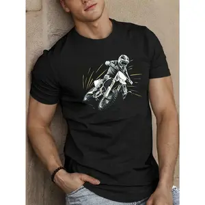 Men's Motocross Rider Graphic Tee - Breathable Polyester, Crew Neck, Short Sleeve, Casual Summer T-Shirt with Geometric Design, Machine Washable