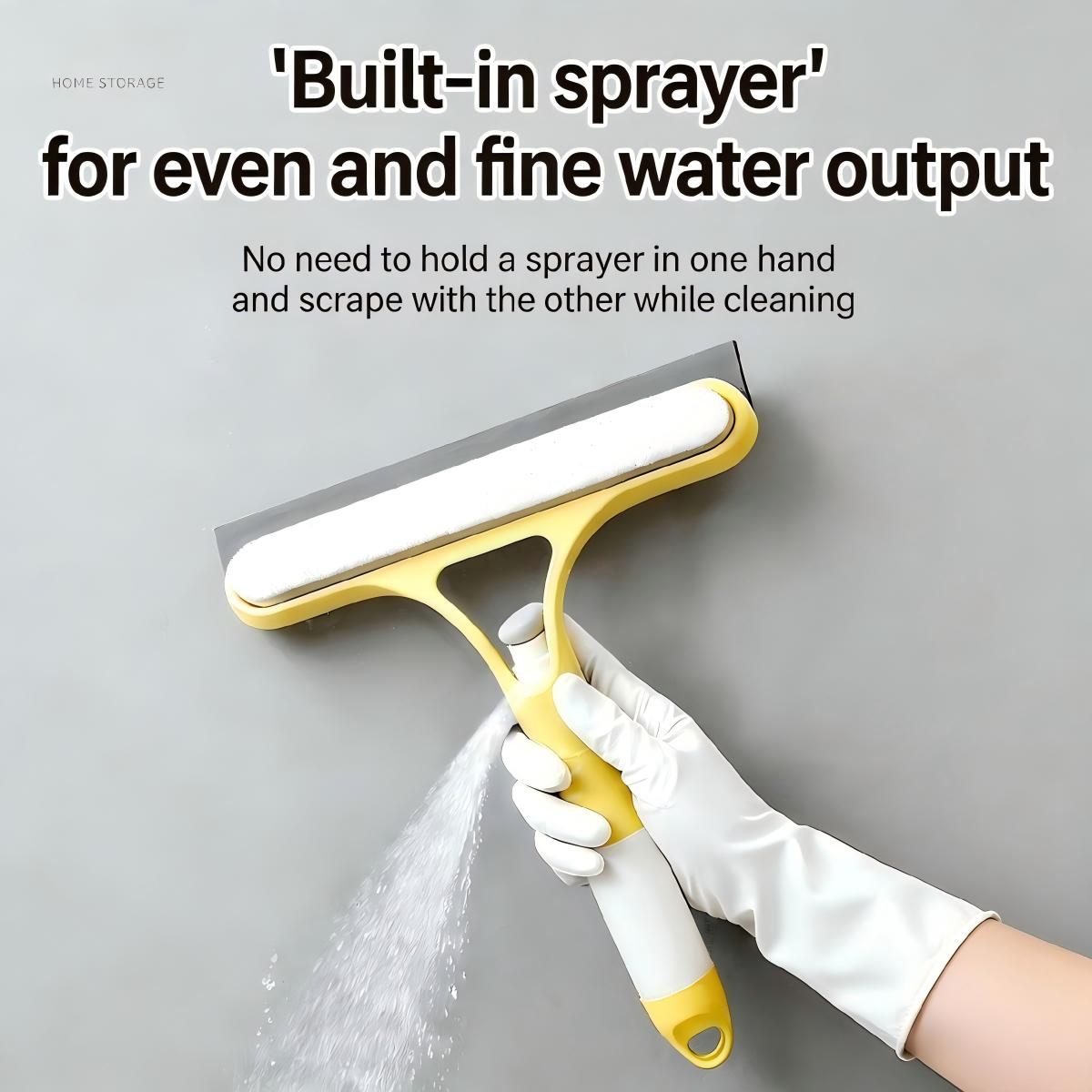 3 in 1 Spray Glass Cleaner Squeegee, Window and Mirror Scrubber with Built-in Spray for Home and Auto, Streak Free & Lint Free, White & Yellow