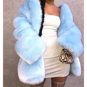 European American New Fur Coat Fox Long Sleeve Fashion Women's Jackets Tops Faux Longsleeves Outerwear Comfort Fabric Light Blue Black Minimalist Winter Basic Style