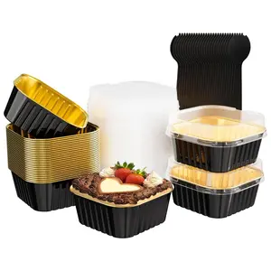 25 Pack Square Mini Cake Pans with Lids,Mini Loaf Pans with Lids,Aluminum Foil Baking Cups,Disposable Ramekins Cupcake Cups,Dessert Cups for Wedding Birthday Party,5oz (Black&Gold)