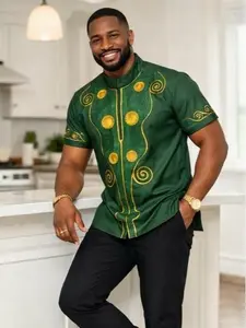 Men’s Emerald Green Dashiki Shirt – Gold Embroidery African Top, Luxury Ankara Men’s Wear