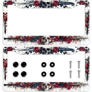 Skull License Plate Frame  Sword Flower Rose Art Skeleton  Front License Plate Personalise Stainless Steel Metal  Plates Funny License Plate Frames Decorative for Men Women 12.2" X 6.2"