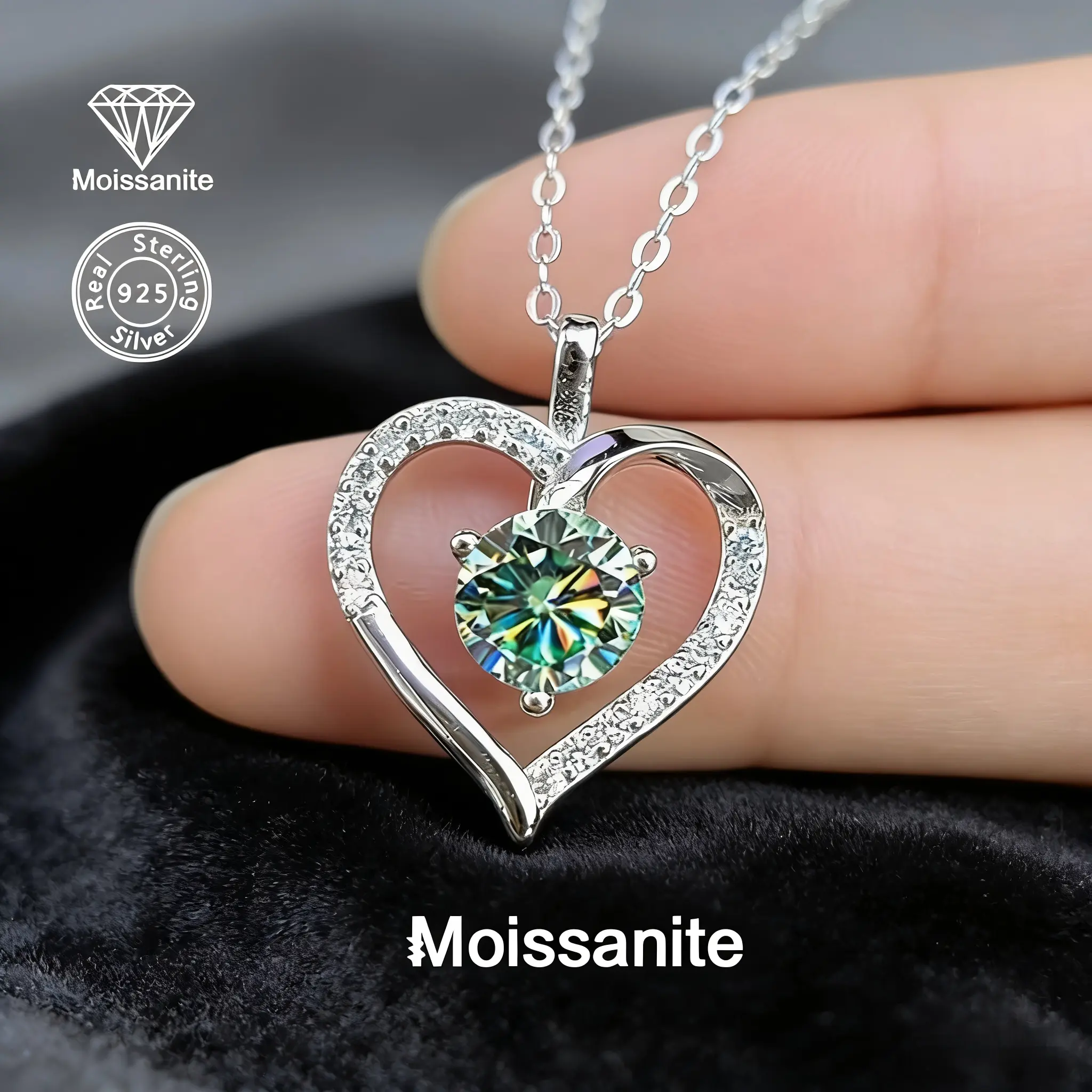 925 Sterling Silver 1ct Blue-Green Moissanite Heart Pendant Elegant Necklace - Romantic Valentines Day Gifts for Her, Meaningful Special Events Jewelry, Romantic Gifts For Her, Meaningful Gifts