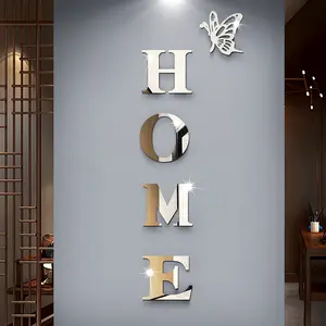 5pcs set of acrylic 3D letters and butterfly family logo wall stickers - self-adhesive and removable, mirror effect, suitable for living room, bedroom, kitchen decoration, ideal for gifts