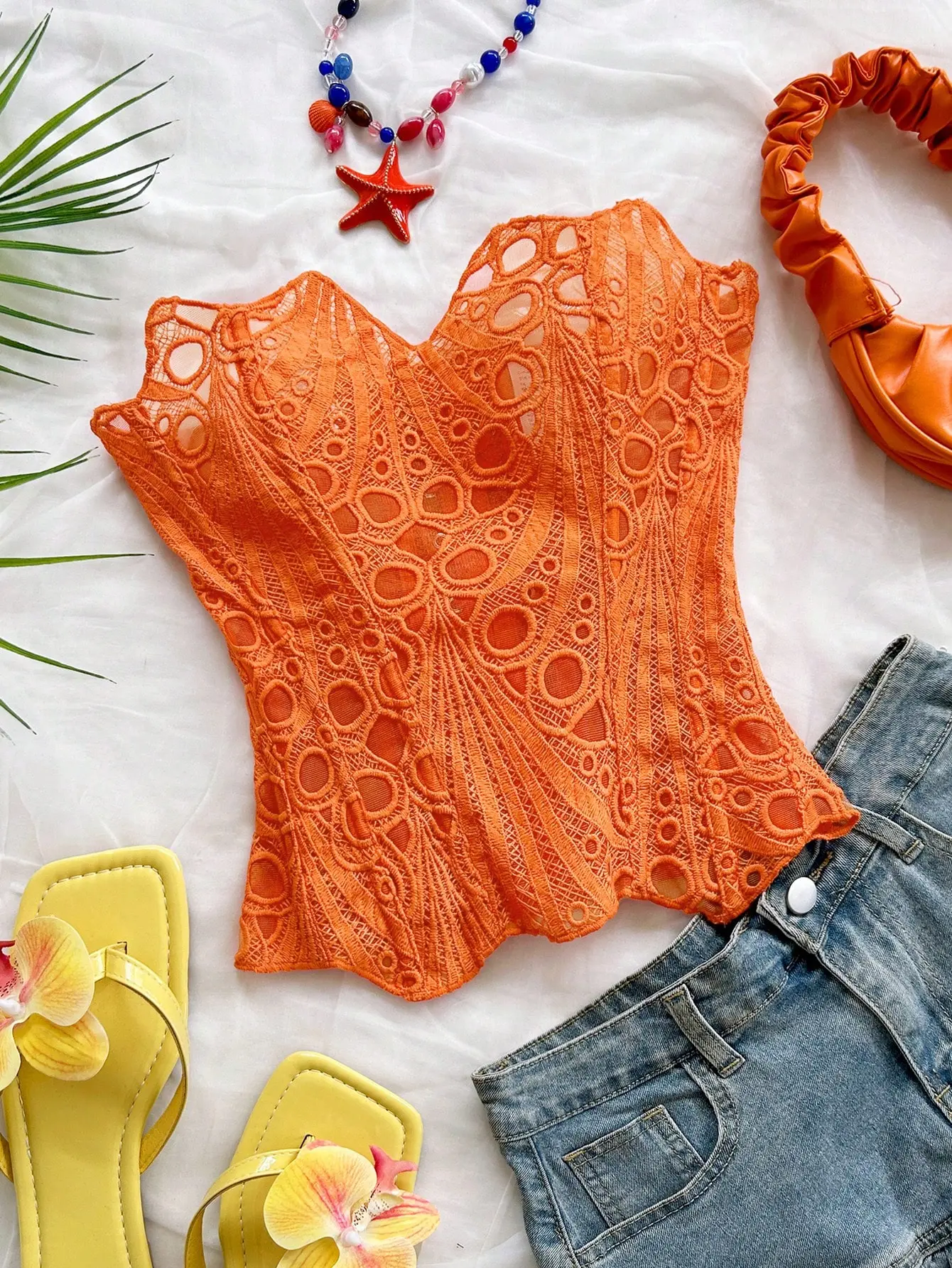 Women's Burnt Orange Lace Corset Bustier Top - Embroidered Hollow Strapless Bandeau Top for Women - Boho Summer Vacation Holiday Festival Club Night Party Sexy Going Out Outfit Beach Birthday