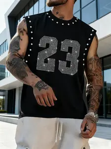 Men's Casual Street Wear Sleeveless Vest, Trendy Fashion Cross Print, Versatile Dark Color Leisure Top, Graphic Fitted Design