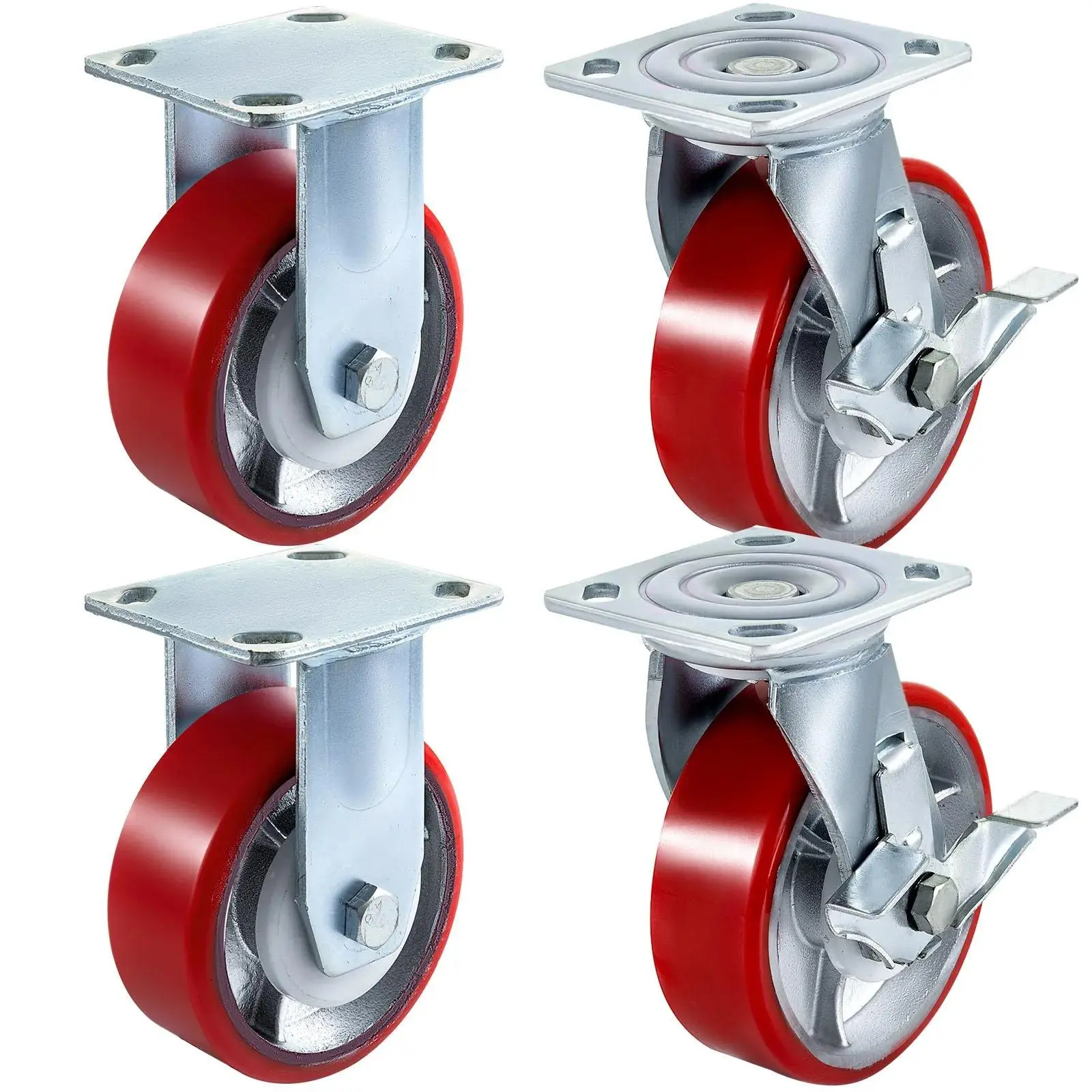 4 Pack 6 x 2 Inch Heavy Duty Caster Wheels, 2 Rigid & 2 Swivel Casters with Side Brake, 1000LBS Per Wheel Load Capacity, Polyurethane Iron Core Plate Casters, Double Ball Bearing Silent Shock Resistant Rolling Wheels for Industrial Equipment