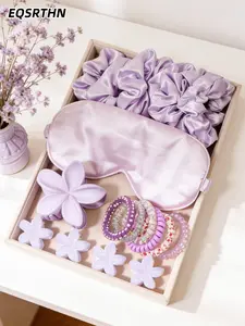 Aesthetic Purple Self-Care Set 💜 Satin Sleep Mask, Flower Hair Claw & Scrunchies Kit | Perfect Birthday Gift for Her, Aesthetic Night Routine Essentials, Hair Accessories Bundle for That Girl Vibe