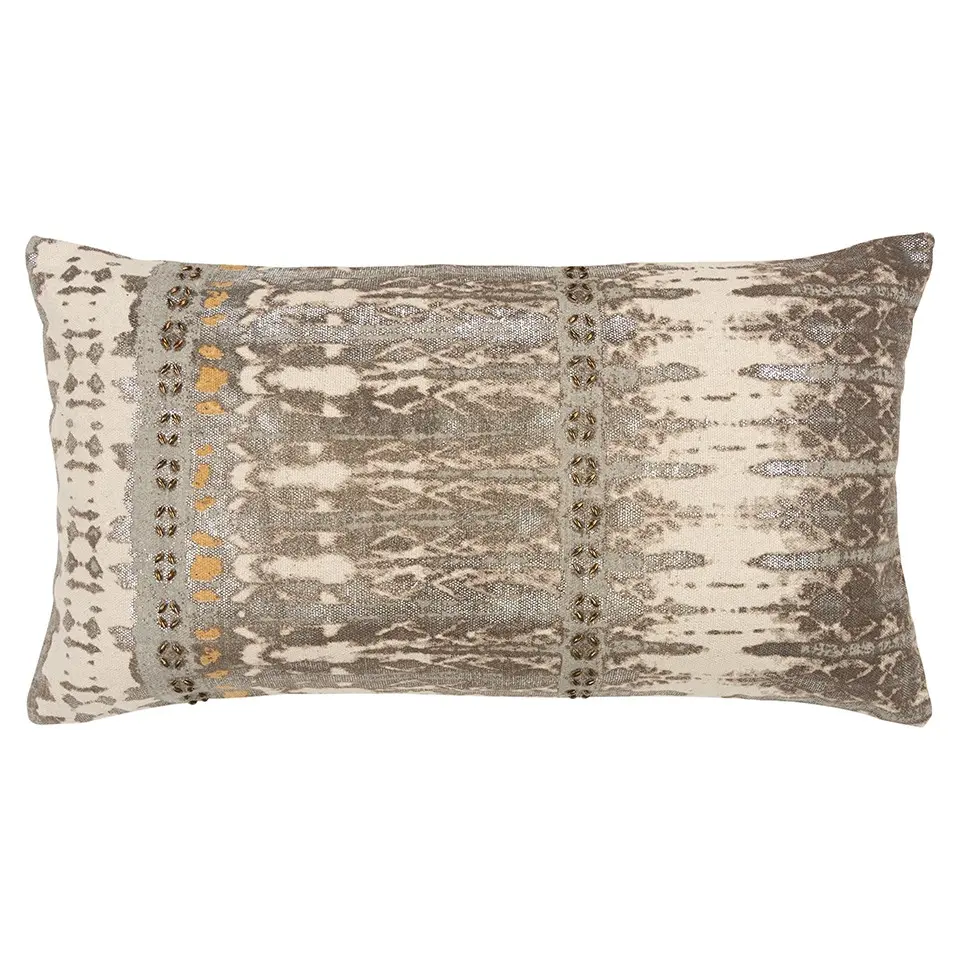Gray & Beige Tribal Distressed Shiny-Side Lumbar Pillow with Cotton Cover, Hand-Beaded Trim, Knife-Edge Cut - Soft Bedding Decor Textile for Indoor Bedroom Décor