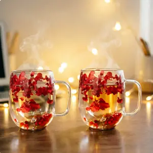 2-Pack Red Preserved Flower Double Wall Glass Mugs, 350ml Large Capacity Transparent Borosilicate Coffee and Milk Cups. Ins Style Aesthetic Couple Cups, Perfect Mother's Day Gifts. Home & Office Desktop Water Cups, Holiday & Couple Gifts.