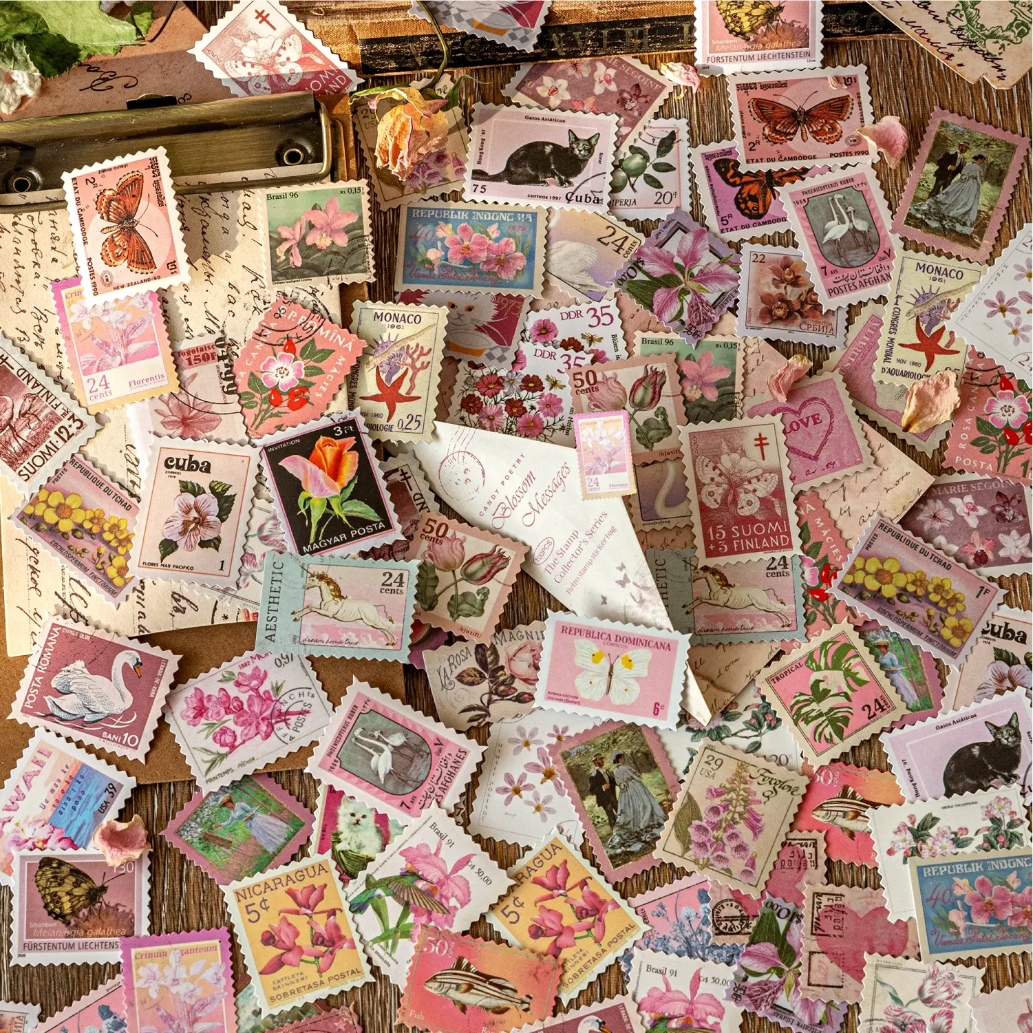 100 Sheets/bag Stamp Collector Series Decorative Stickers, Hand Account Stationery Water Bottle Multi-Scene Decoration Sticker Packs Aesthetic Stickers Journal Stickers Scrapbook Accessories Scrapbooking