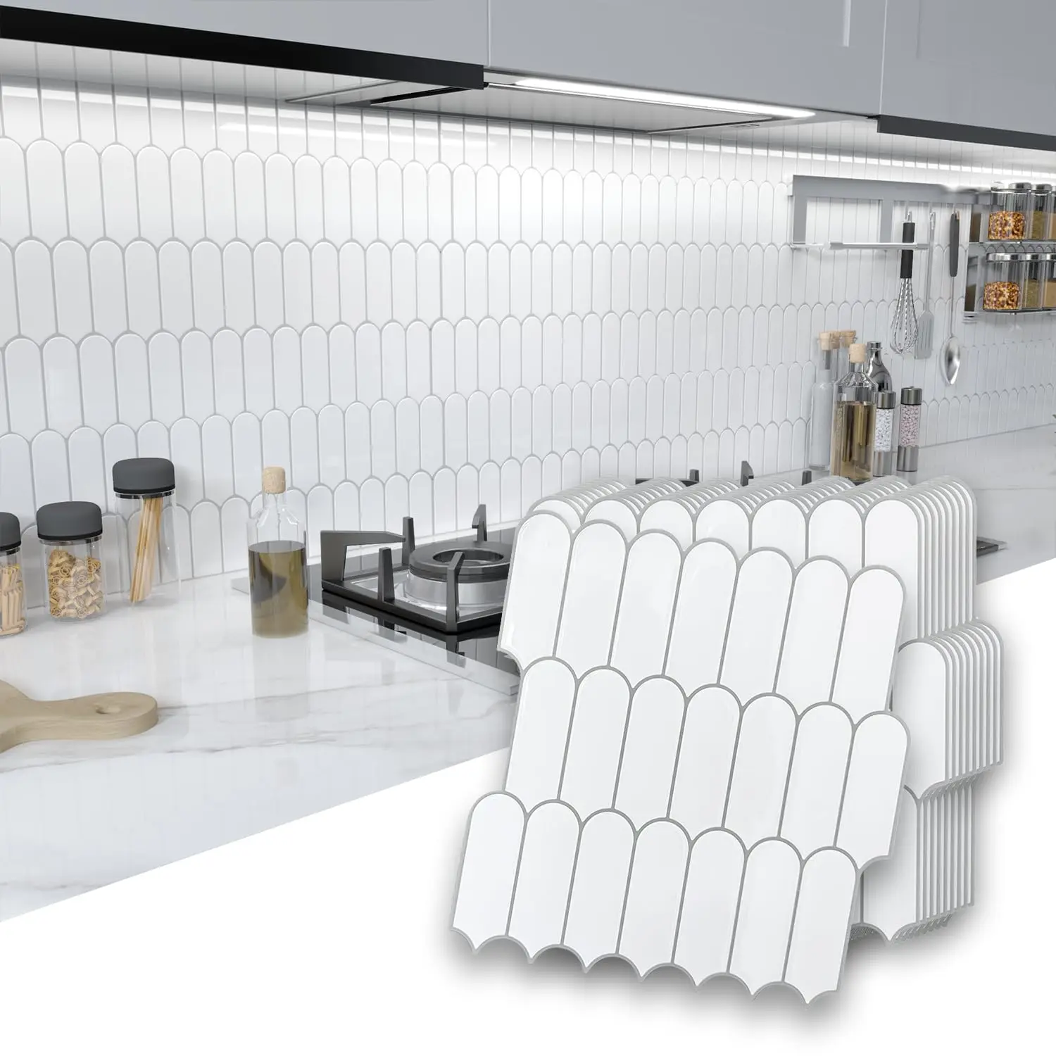 10 Sheet White Peel And Stick Backsplash Tile  12" X Self Adhesive Glossy Vinyl Wall Tiles Waterproof No Residual For Kitchen Bathroom Fireplace With Gray Grout