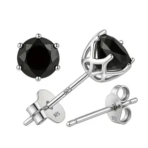 EJG Black Zircon Stud Earrings 925 Sterling Silver, Minimalist Sparkling Earrings for Women, Perfect Gift for Birthday Valentine Party Inlaid Rhinestone Star Moon Earrings