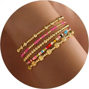 Gold Beaded Bracelets for Women Girls Valentine Gifts - Dainty 14K Gold Plated Turquoise Cross Bead Bracelet Pearl Bracelets Set for Women Heishi Clay Beaded Bracelet Valentine Gifts for Hervalentine's day decor