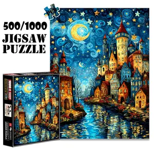 1pc 1000 piece adult creative puzzle 70x50cm Star - Filled Night Sky over Fairytale Castle Town by River 500 pieces of paper jigsaw puzzle, suitable for adults and families, family puzzle, large-scale DIY puzzle interac Art Puzzles