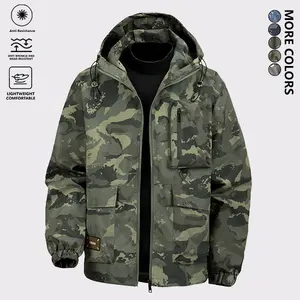Men's Autumn Winter Camouflage Windproof Hooded Jacket, Stylish Multi-Pocket Functional Outdoor Workwear Coat with Large Pockets and Drawstring Hood, Suitable for Daily Casual, Mountain Climbing, Hiking Camping Wear