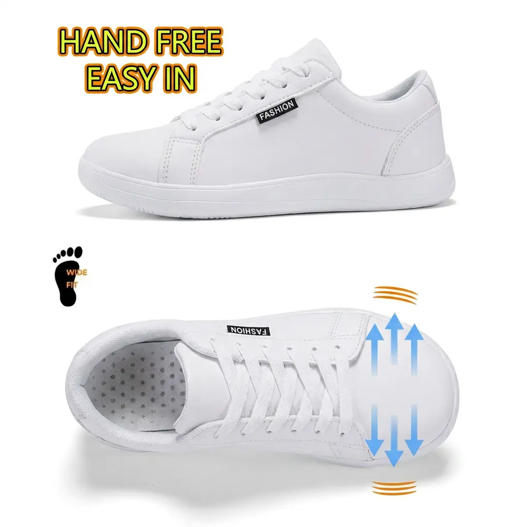 Wide Fit Women's Waterproof Full PU Leather Casual White Sneakers, Roomy Wide Toe Box Hands Free Step-In Lazy Slip On Shoes, Breathable Perforated Insole Wear Resistant Flat Sole Street Trainers All Season