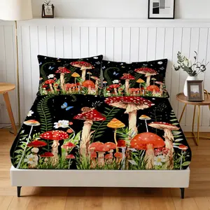 Watercolor Mushroom Fitted Sheet Set, 3 Pieces (1 Fitted Sheet + 2 Pillowcases, Without Pillow Insert), Soft & Comfortable Fabric, Deep Pocket Design, Bed Linen for Teen & Adult Bedrooms, Suitable for Home & Guest Rooms