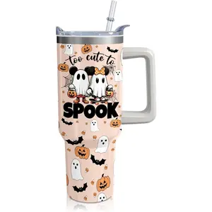 40oz Aesthetic Halloween Cute Ghosts Stainless Steel Insulated Tumbler - Handle, Straw, Lid, Mouse Theme, Portable Reusable Water Bottle, Halloween Gift for Women