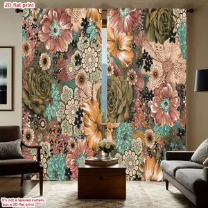 2D Flat 2Pcs Vintage Floral Boho Pattern Curtains, Home Textile, All Season Window Treatments for Living Room, Bedroom, Study, Home Decor, Privacy Protection, Home Decoration Curtain