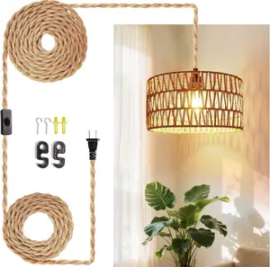 Hanging Light Ceiling Lamp Pendant Lights Rattan Hanging Lamp with Plug in Cord for Living Room Bedroom Kitchen Indoor Hanging Lamp Plug in Woven Lampshade