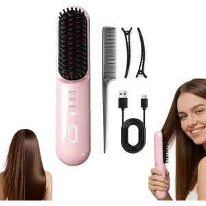 Battery Powered Numoya Go Pro Hair Straightener Brush for Short Hair, 4000mAh Cordless, 30s Rapid Heating, 4 Temp Settings (140-200°C), Pink