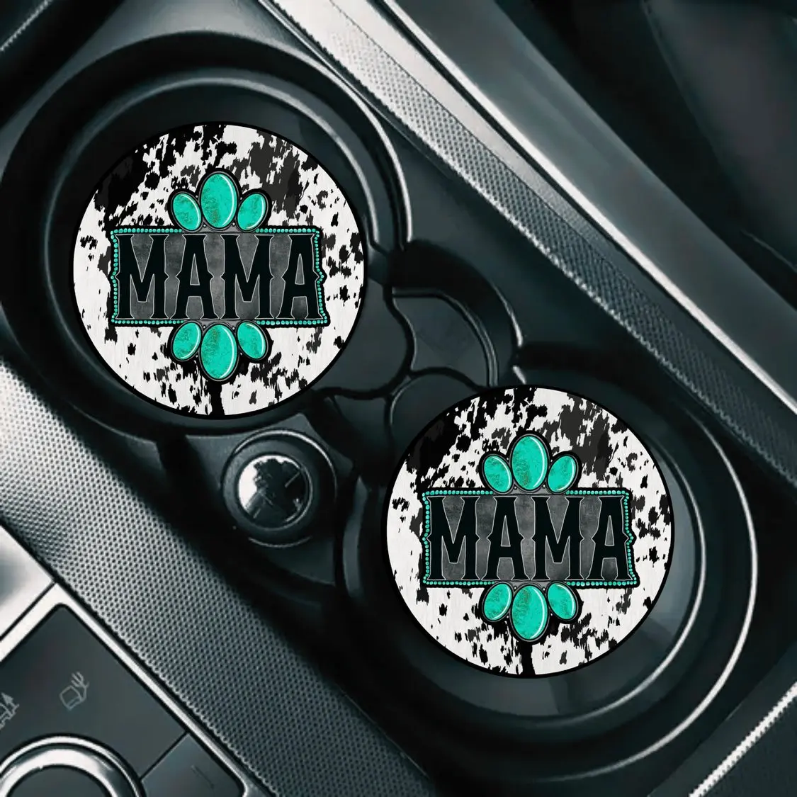 Western Mama Cowhide Turquoise Car Coasters