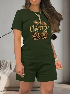 Women's Summer Casual Set, Cherry Print Round Neck Short Sleeve Top & Shorts, Lightweight Thin Fabric Fitted Design, Two-Piece Set
