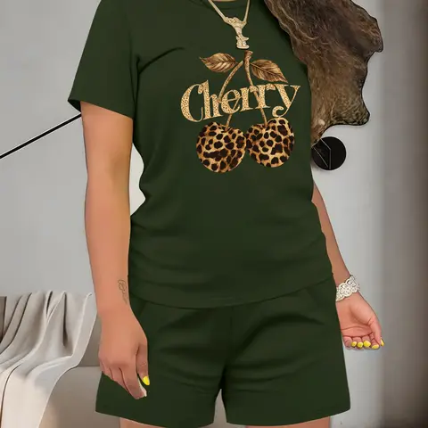 Women's Summer Casual Set, Fashionable Shorts Set, Womenswear Cherry Print Graphics Round Neck Short Sleeve Top & Shorts, Lightweight Thin Fabric Fitted Design, Two-Piece Set Outfit, Summer Matching Set, Clothes