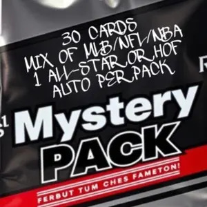 30 Card Mystery Pack (1:1 packs contain 1 All Star or HOF Auto… 1:5 packs contain 2 All Star or HOF Autos).. MLB/NBA/NFL Mix