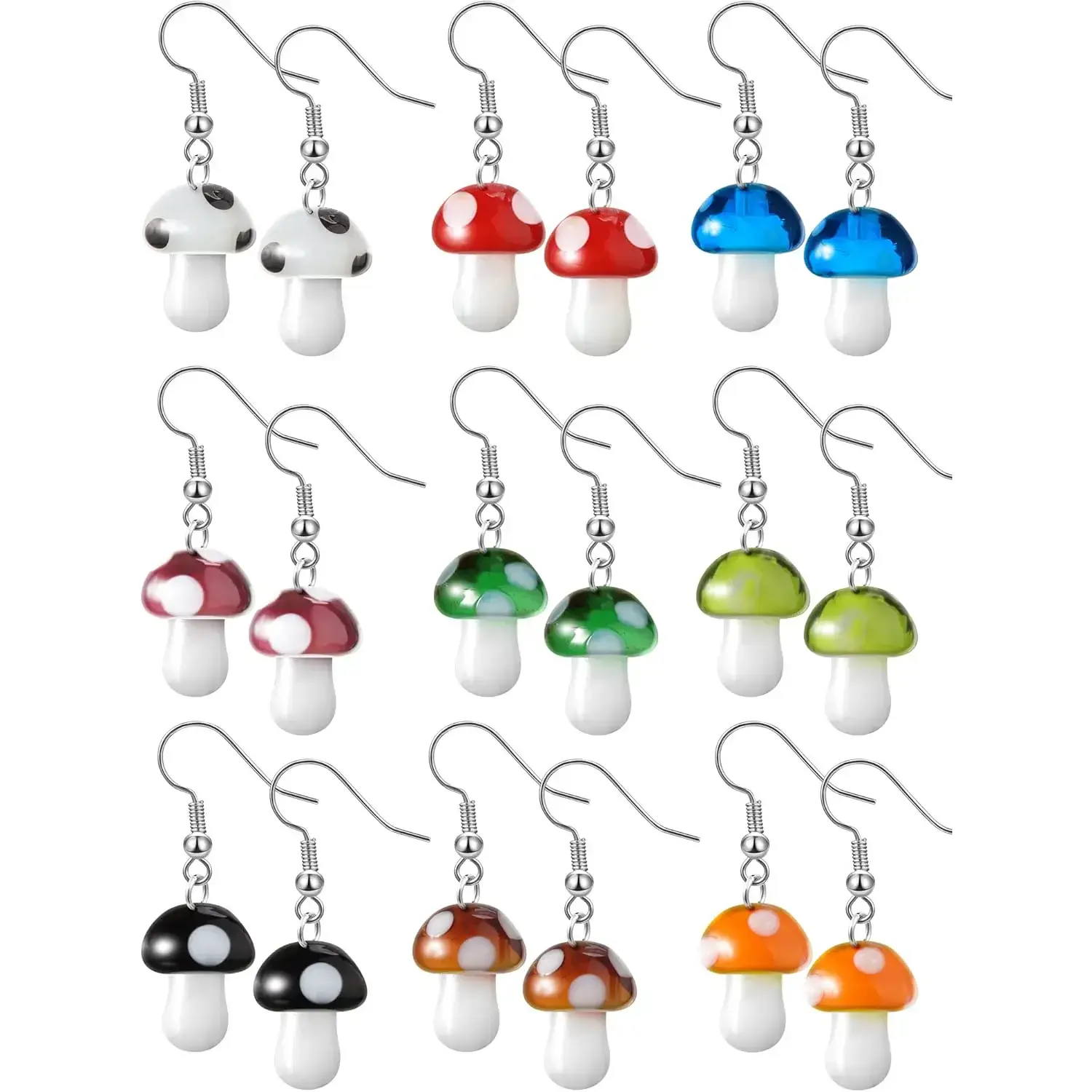 9 Pairs Mushroom Earrings for Women Long Pendant Glass Mushroom Earrings Colorful Steampunk Earrings Creative Funny Earrings Cute Weird Earrings Women's Drop and Dangle Earrings