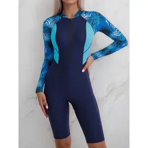 Colorblock Long Sleeves One-Piece Swimsuit Women, Zip Front Rash Guard Round Neck Tummy Control Bathing Suit, Women's Swimwear & Clothing