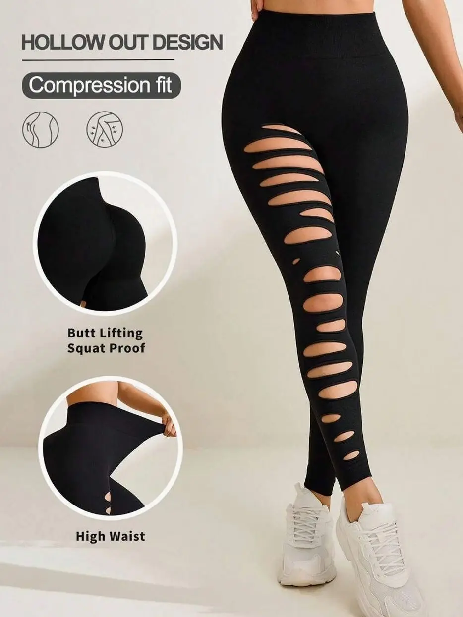 Women's High Elastic Asymmetric Distressed 7/8 Leggings Breathable Workout Tights for Running and Yoga