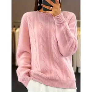Plus Size Elegant Loose Round Neck Twist Knit Long Sleeve Sweater, Women's Casual Fall & Winter Fashion Pullover