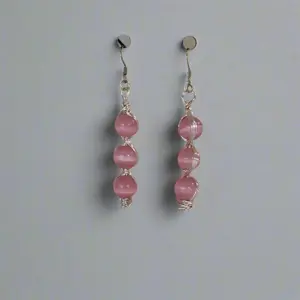 Handmade Pink Cat’s Eye Bead Earrings – Wire Wrapped Dangle Jewelry