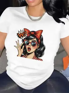 Vintage Rockabilly Lady Tshirt, Pop Art Cartoon Wow Speech Bubble Casual Oversized Short Sleeve Top