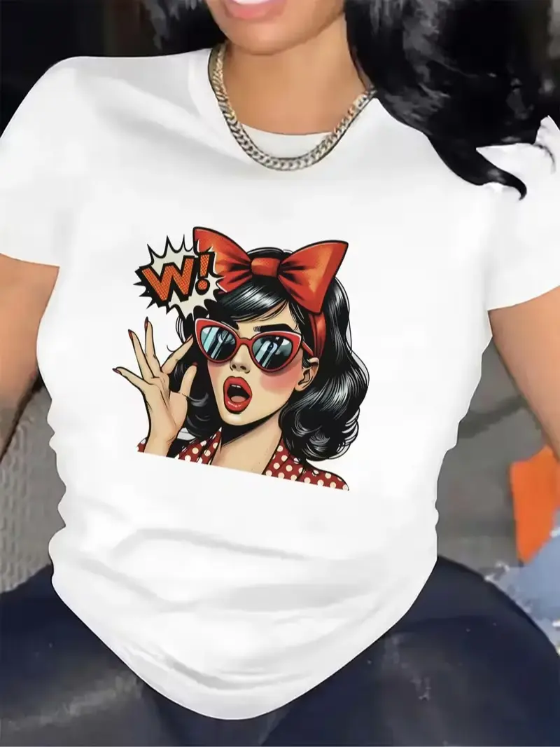 Vintage Rockabilly Lady Tshirt, Pop Art Cartoon Wow Speech Bubble Casual Oversized Short Sleeve Top