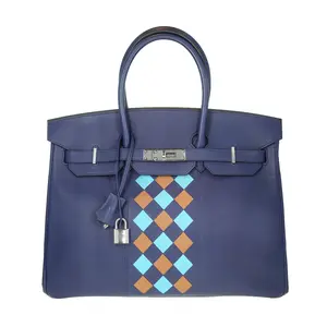 Pre-owned HERMÈS Epsom Shoulder Bags Tricolor Tressage Birkin 35 Bleu Encre/Bleu Du Nord/Gold