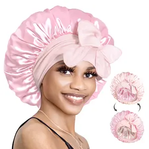 Bonnet Queen  Cute Bonnet Double Layered Satin Night  with Elastic Tie Band , Silky Bonnet for Hair Care -Ideal Gift for Women adjustable sleep Cap Versatile Protective Reduced Friction Fit Haircare Heatless Bn007-Jade Pink-M