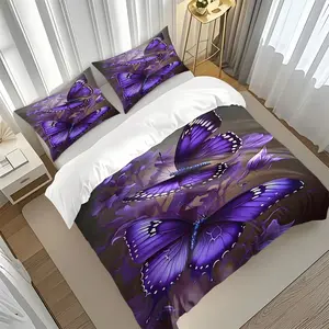 2/3Pcs Purple Butterfly Print Bedding Set, 3D Fantasy Theme Printed Quilt Cover and Pillowcase, No Filling with Zipper Closure, Soft, Comfortable and Breathable, Perfect Choice for Bedroom Decoration, Suitable for All Year Round Use