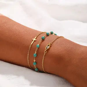AMICON Sun-Kissed Gold Bracelet Trio | Evil Eye+Turquoise+Cross | Adjustable Layering Jewelry for Women