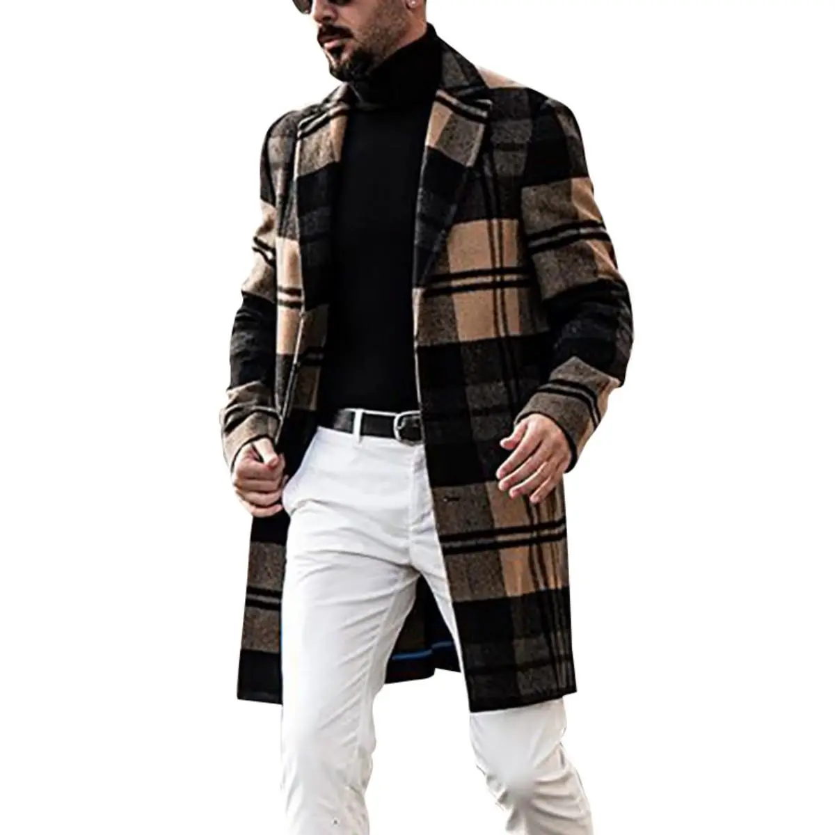 Men's Slim-Fit Plaid Coat, Long Single-Breasted Wool Blend Casual Topcoat with Digital Print for Autumn, Jackets, Menswear, Fabric
