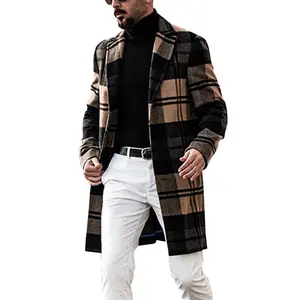 Men's Fashion Checked Wool-Polyester Fabric Menswear Slim-Fit Mid-Length Casual Coat Jacket