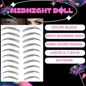 Midnight Doll Instant Brows Black Waterproof & Smudge-Proof Rounded Arch Dark Hairstrokes Lasts 5-7 Days 20 Pairs - Makeup