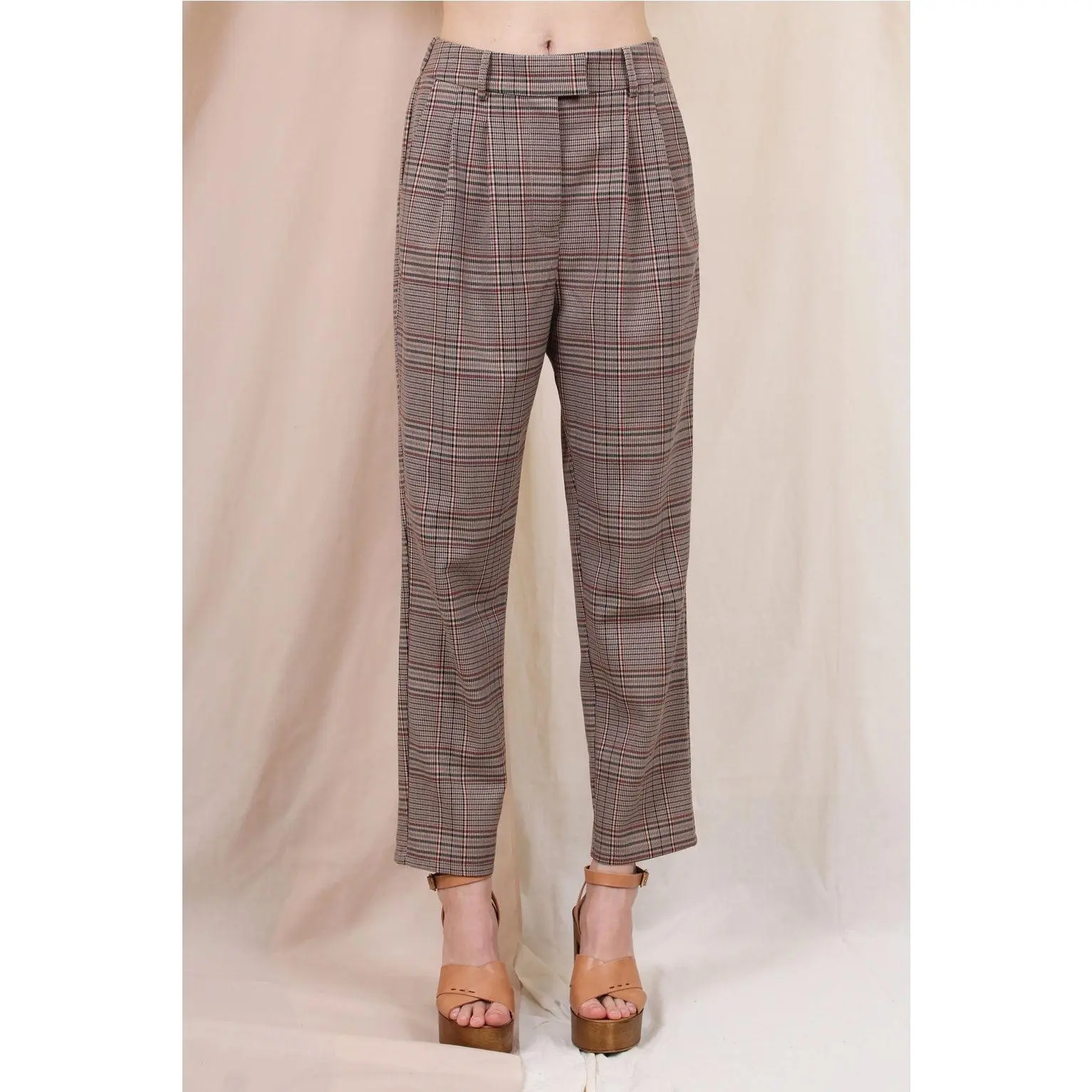 High Waisted Brown Plaid Pleated Chic Pants