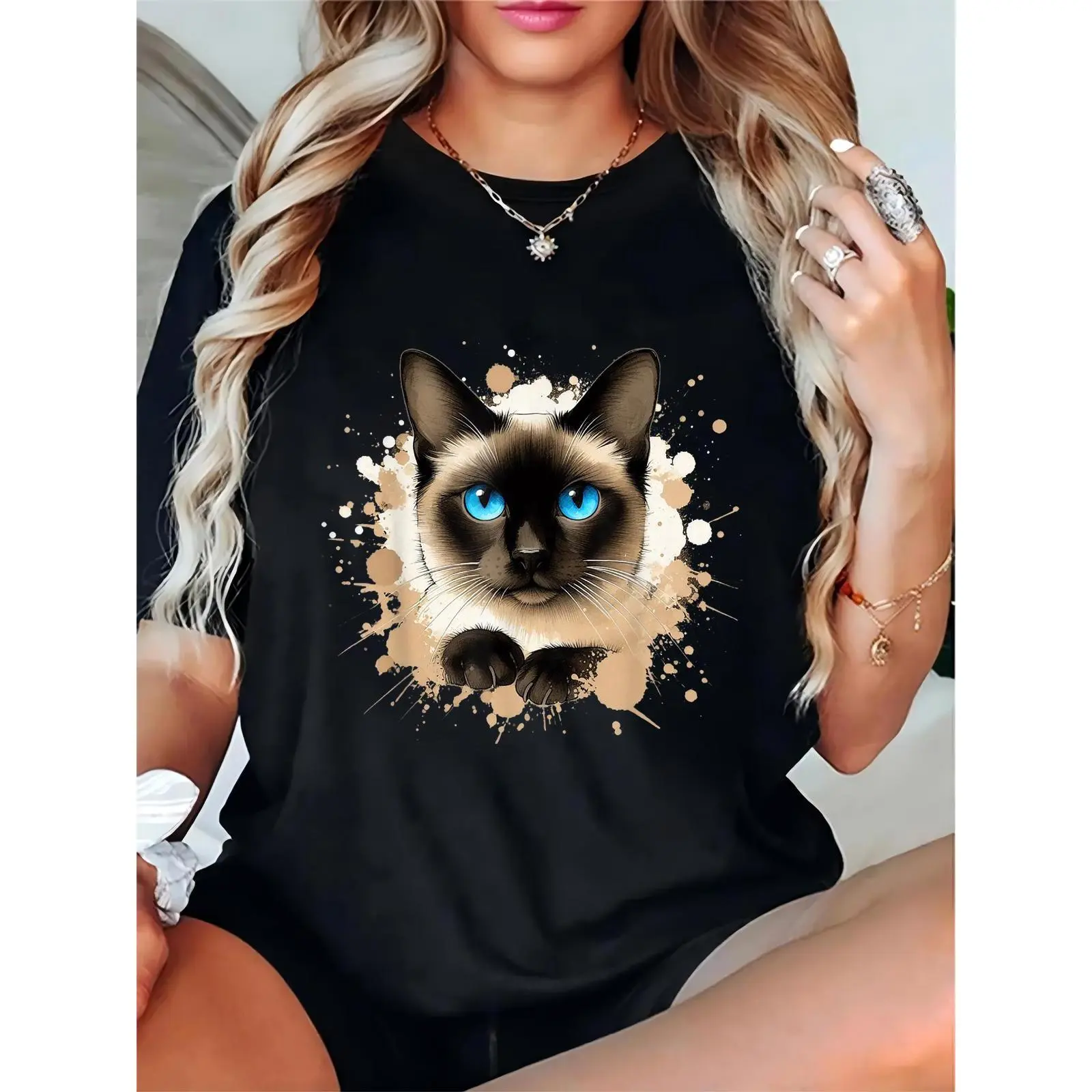 Women's 100% Pure Cotton Crew Neck Short Sleeve Comfortable Loose-Fitting T-Shirt - Black, Siamese Cat Blue Eyes Watercolor Splash Graphic, Casual Streetwear Clothes for Cat Lovers, Machine Washable Lightweight Breathable Top