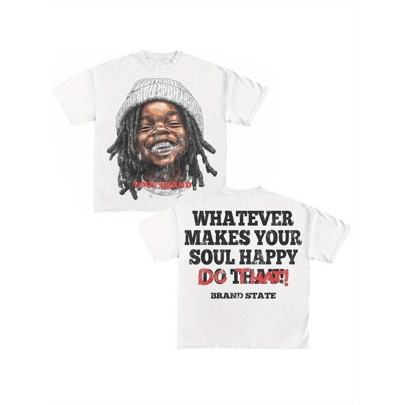 Brand State Unisex Double-Sided "Whatever Makes Your Soul Happy Do That" Smiling Kid Graphic Sport T-Shirt Positive Vibes Oversized Cotton Streetwear Tee for Men & Women